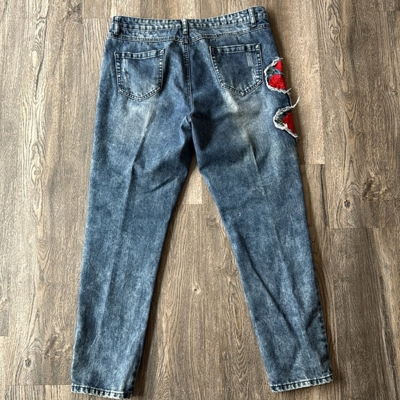 Boohoo Men's Slim Jeans in Blue with Red Patch - Picture 8 of 13